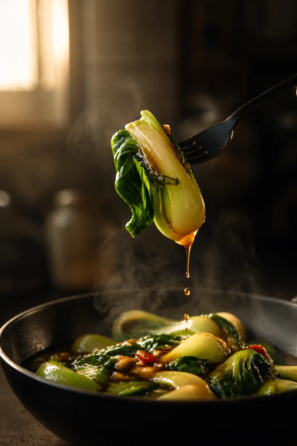 Fork lifting saucy bok choy showing tender texture and glossy sauce