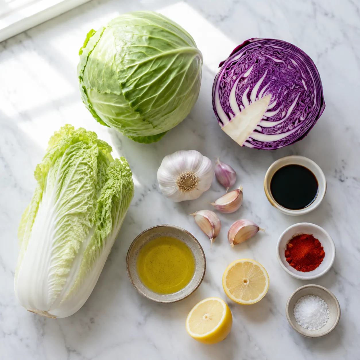 Ingredients for easy cabbage recipes including green, red, and Chinese cabbage