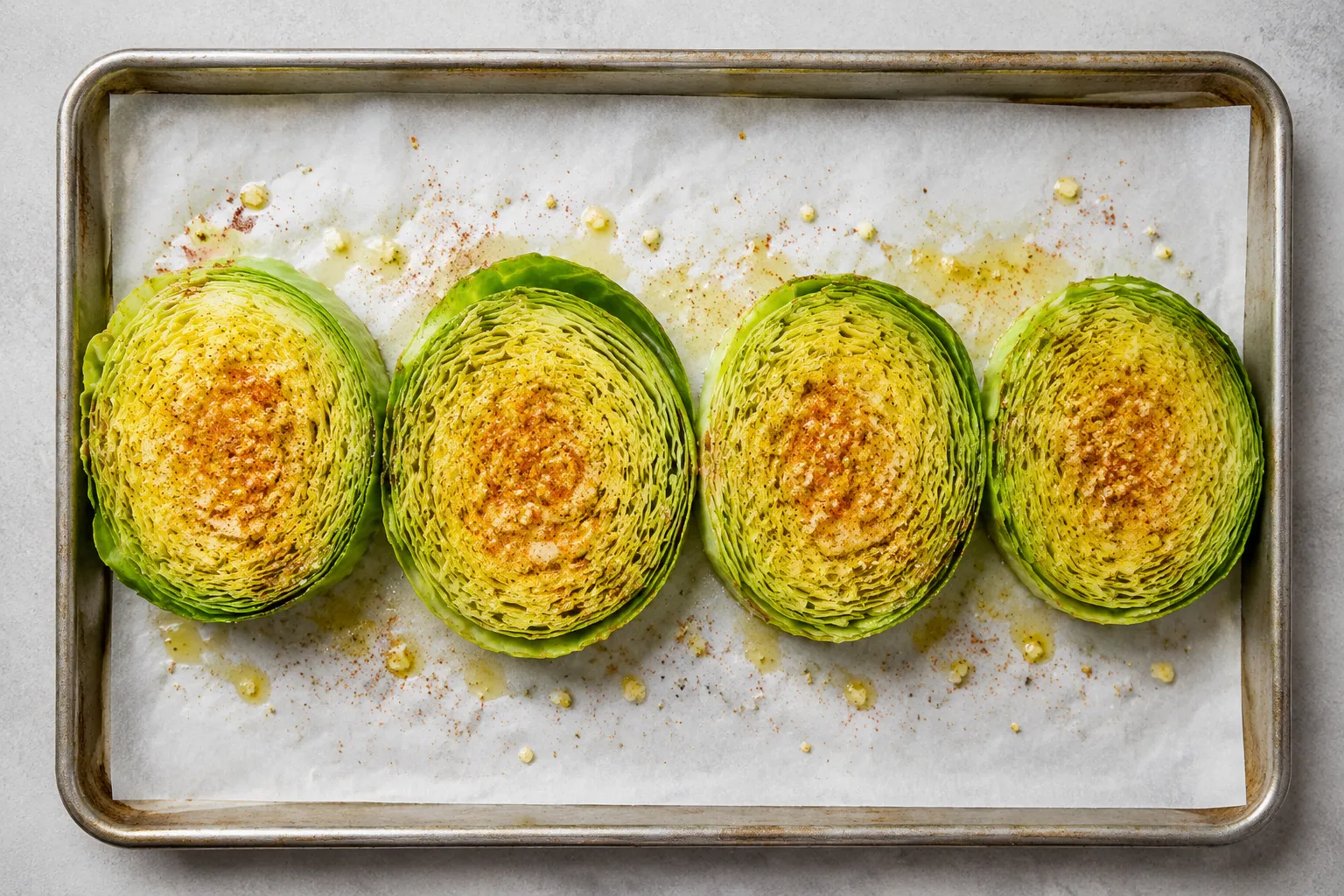 Cabbage steaks recipe seasoned and ready to roast on a sheet pan