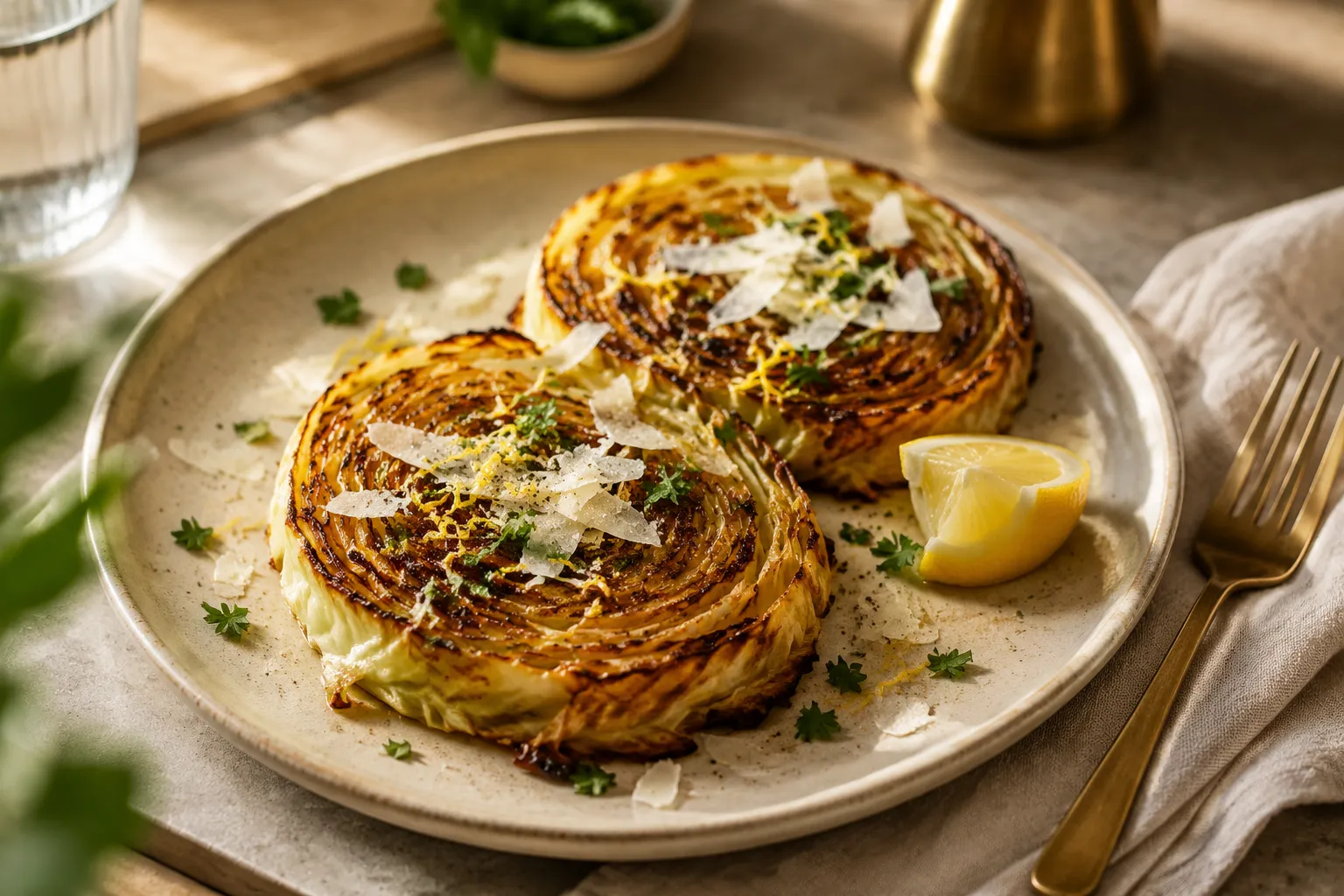 Plated cabbage recipe with roasted steaks, parmesan, and lemon