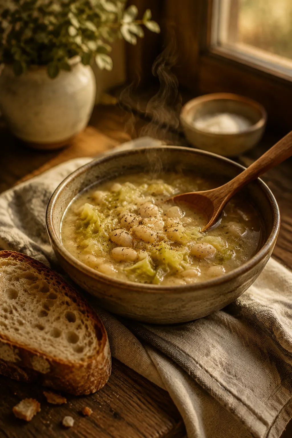 Hearty cabbage soup recipe served with crusty bread