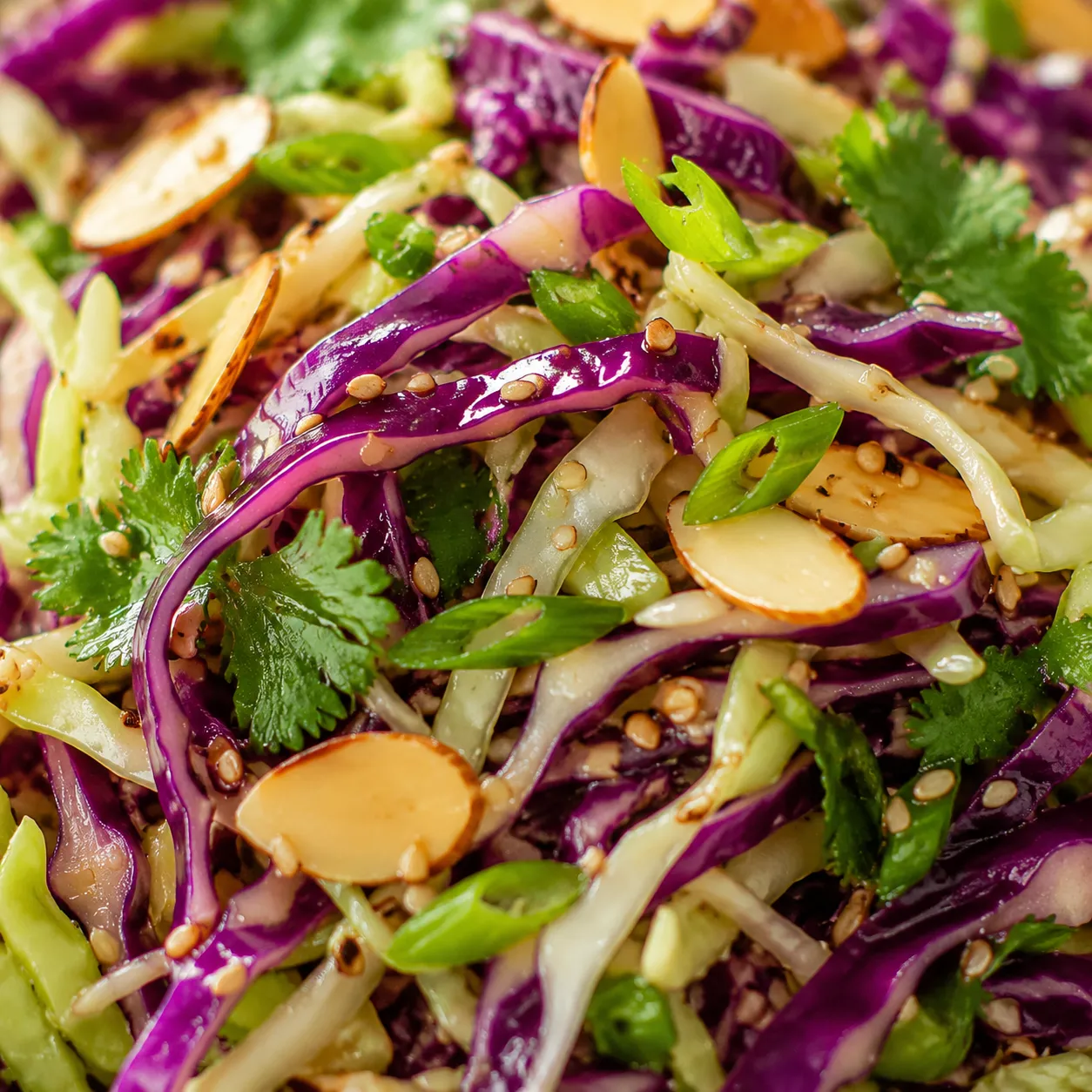 Vegan cabbage recipes: crunchy Asian slaw close-up with sesame dressing