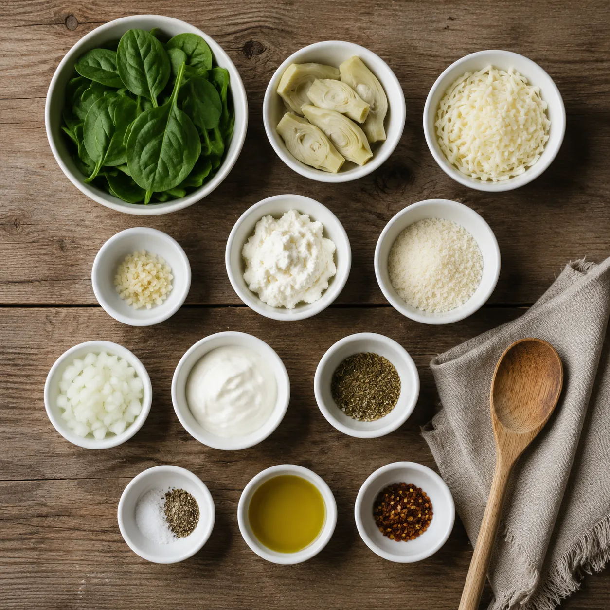 Ingredients for split pea soup with ham bone arranged on a wooden board