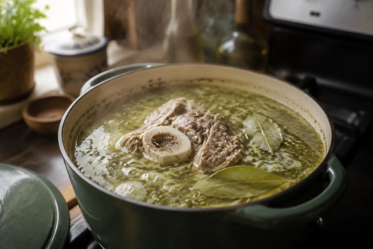 Split pea soup with ham bone simmering in a Dutch oven