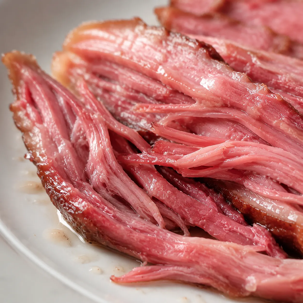 Shredded ham being pulled with two forks for pea soup recipe with ham