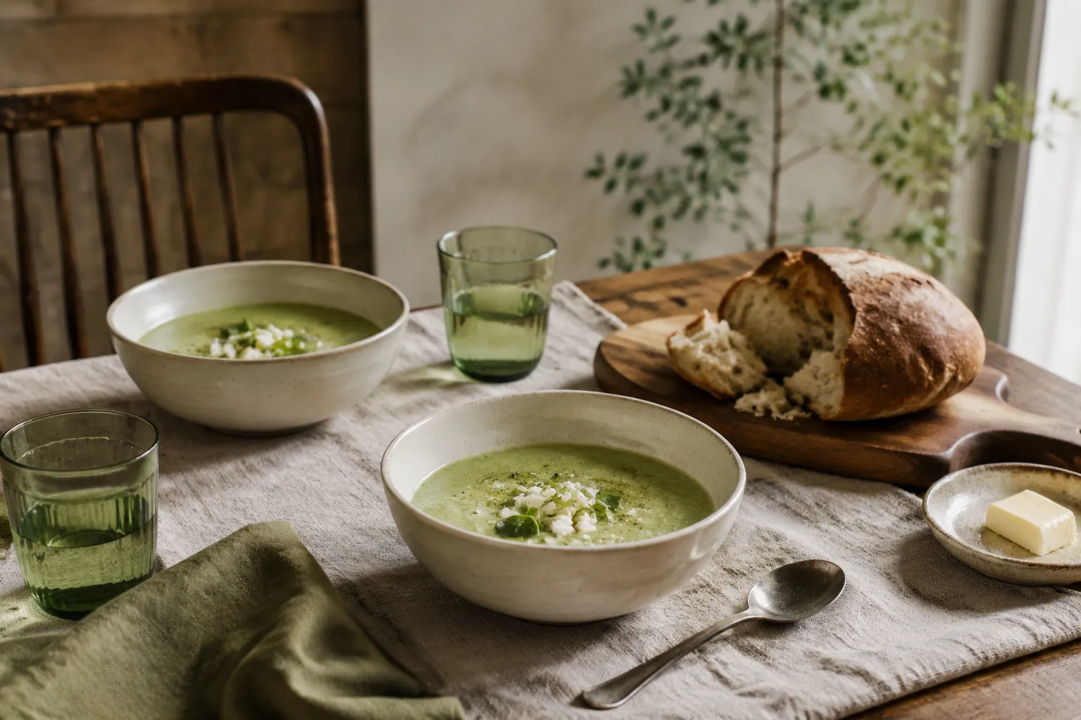 Two bowls of split pea soup recipe served with sourdough bread