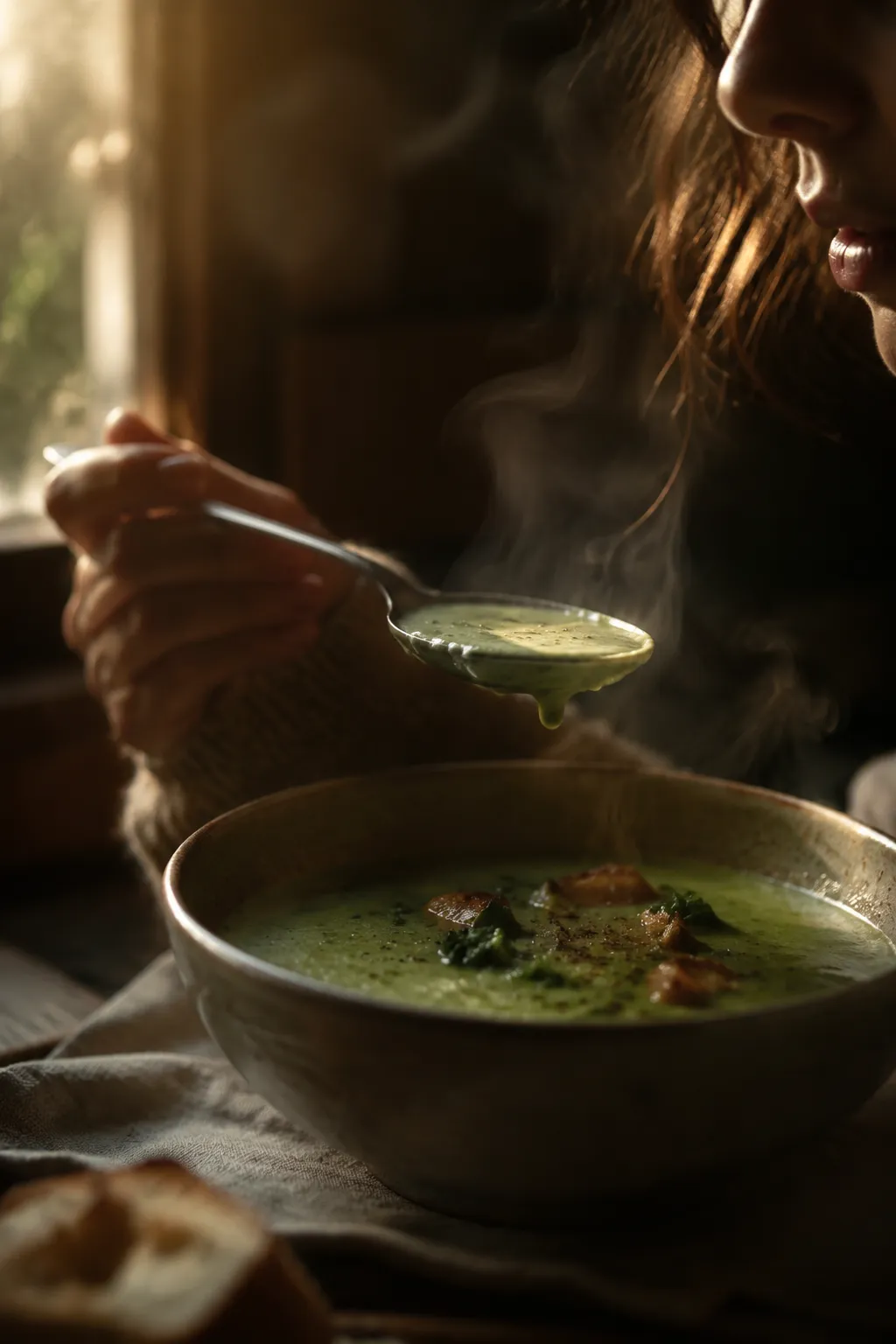 Spoonful of thick split pea soup with ham and carrots
