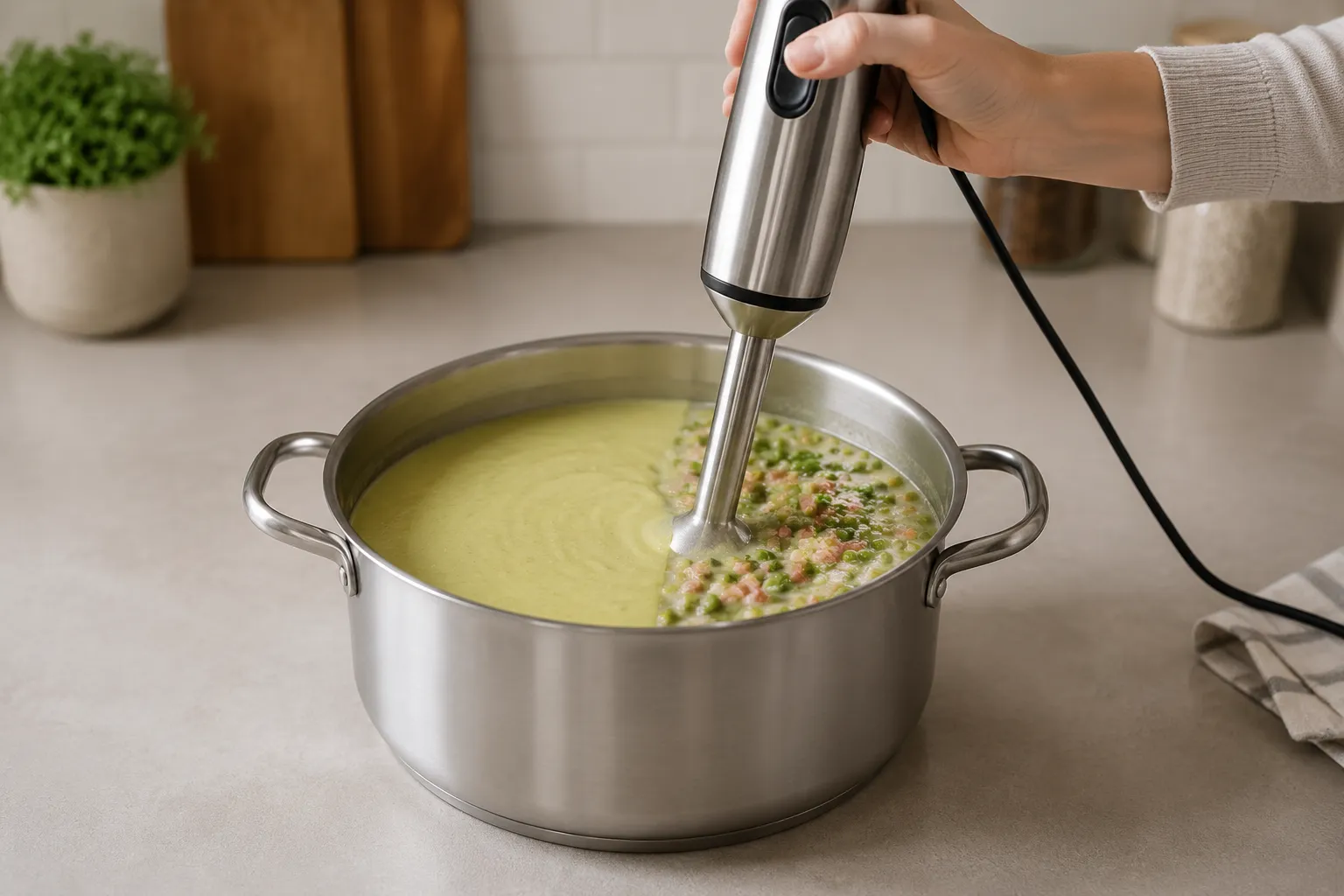 Using an immersion blender to thicken split pea soup recipe
