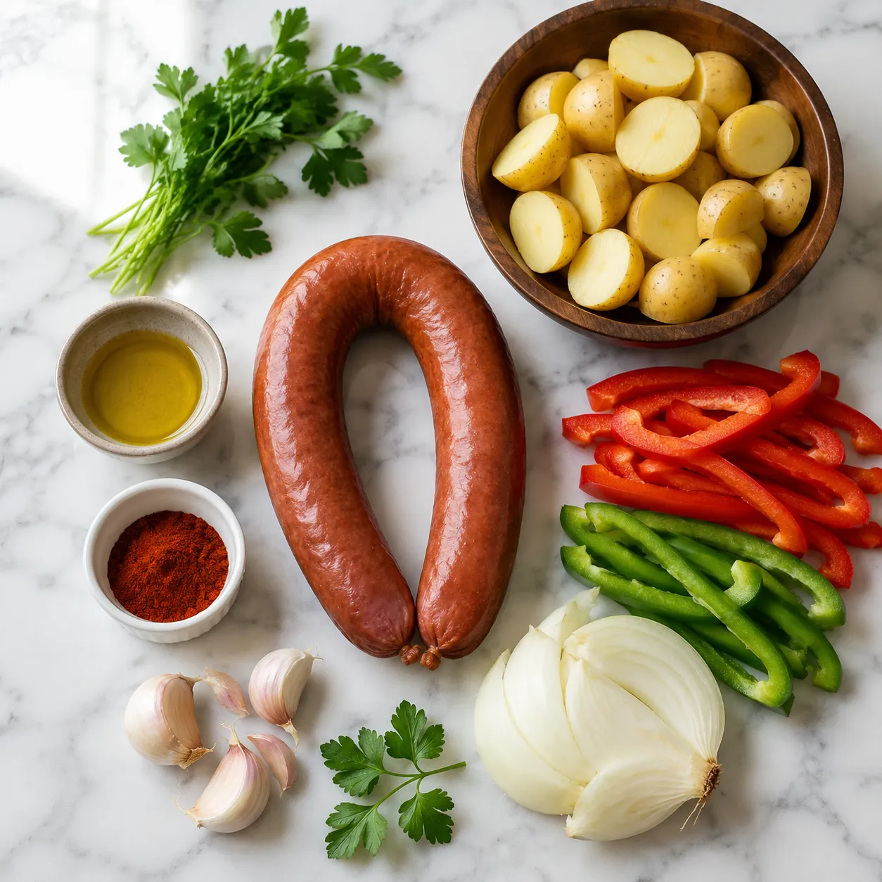 Kielbasa skillet dinner ingredients flatlay on marble countertop