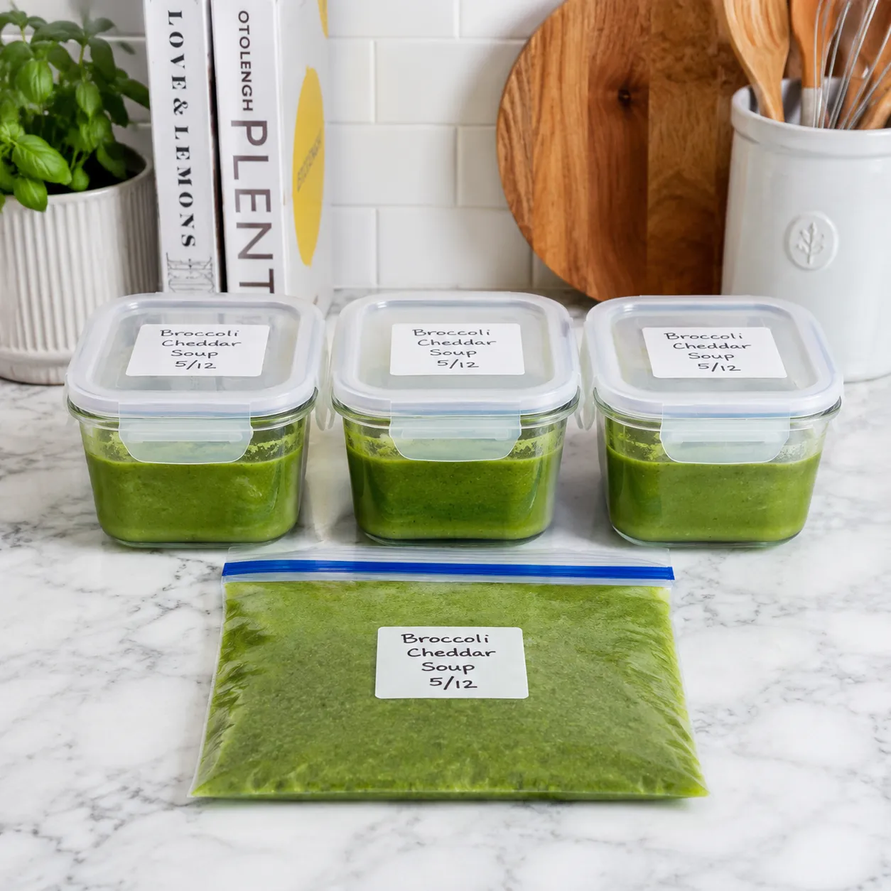 Split pea soup with ham stored in glass containers and a freezer bag
