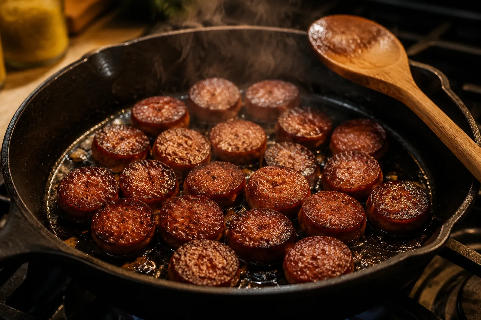 Kielbasa coins browning and caramelizing in a cast-iron skillet