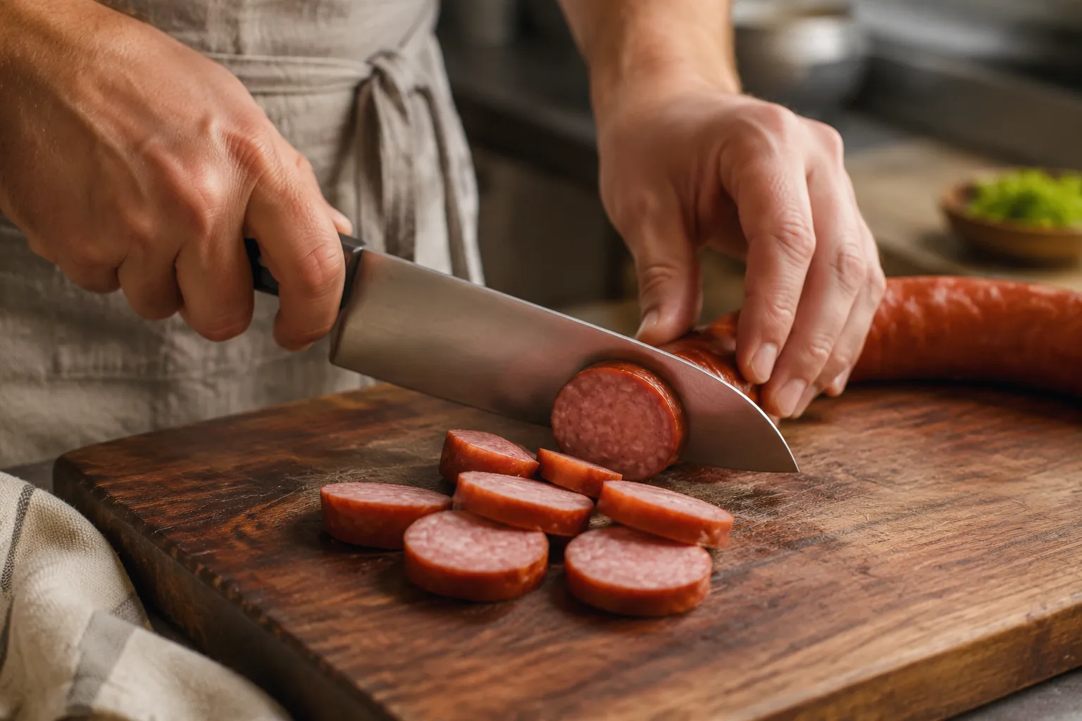 Slicing smoked kielbasa sausage into coins on cutting board