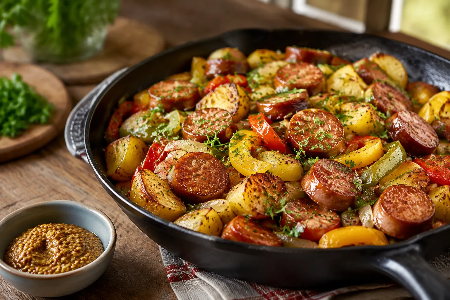 Finished kielbasa skillet dinner garnished with fresh parsley