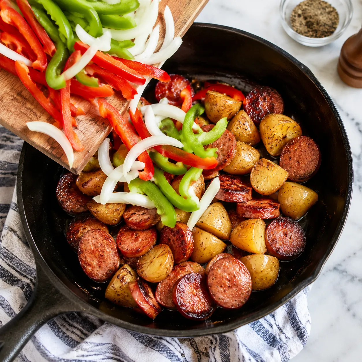 Adding bell peppers and onions to kielbasa skillet