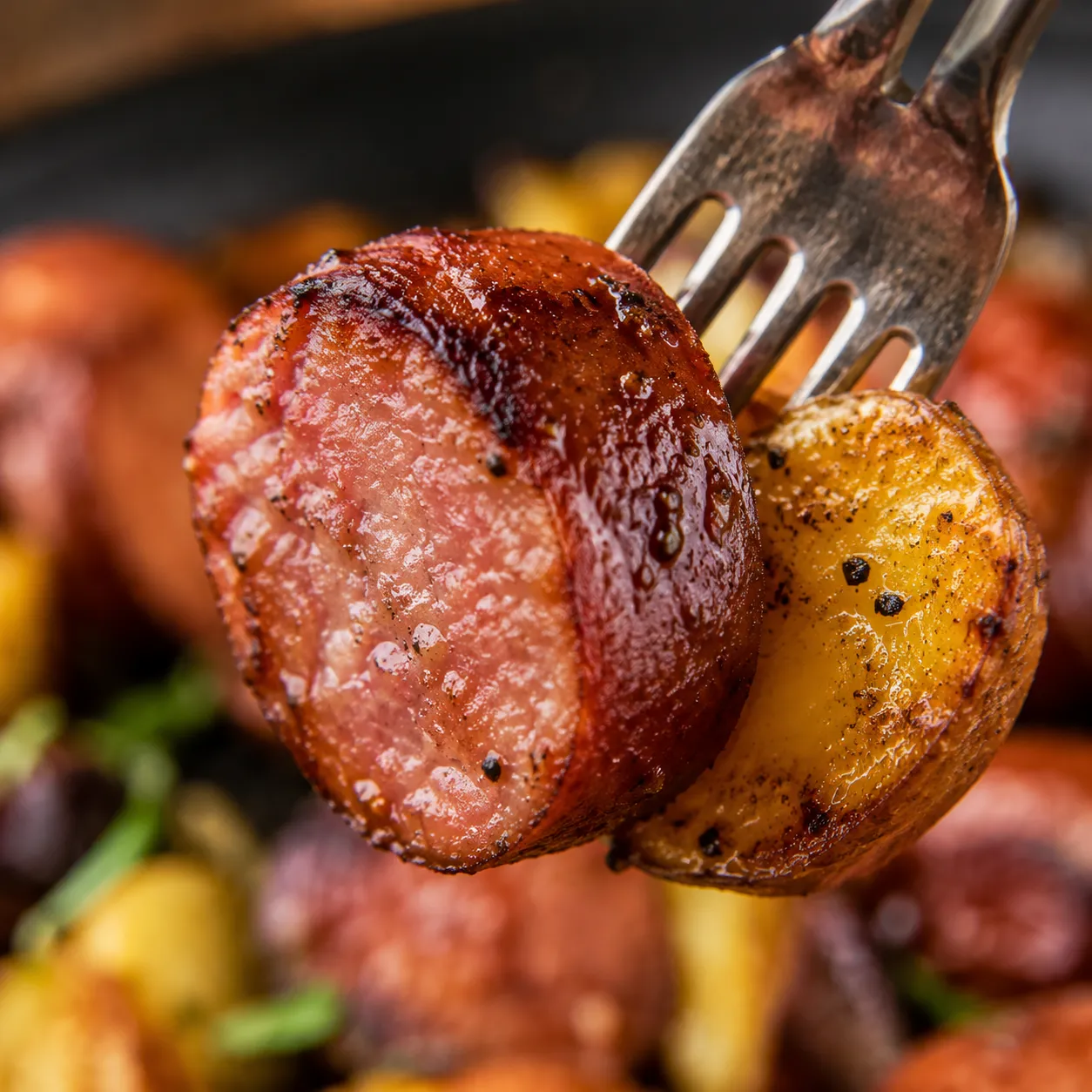Close-up forkful of caramelized kielbasa and golden potato