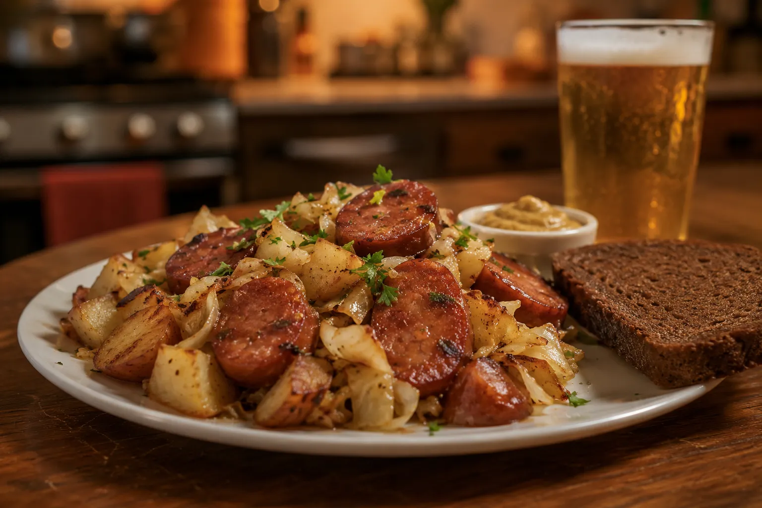 Kielbasa skillet served on a plate with rye bread and mustard