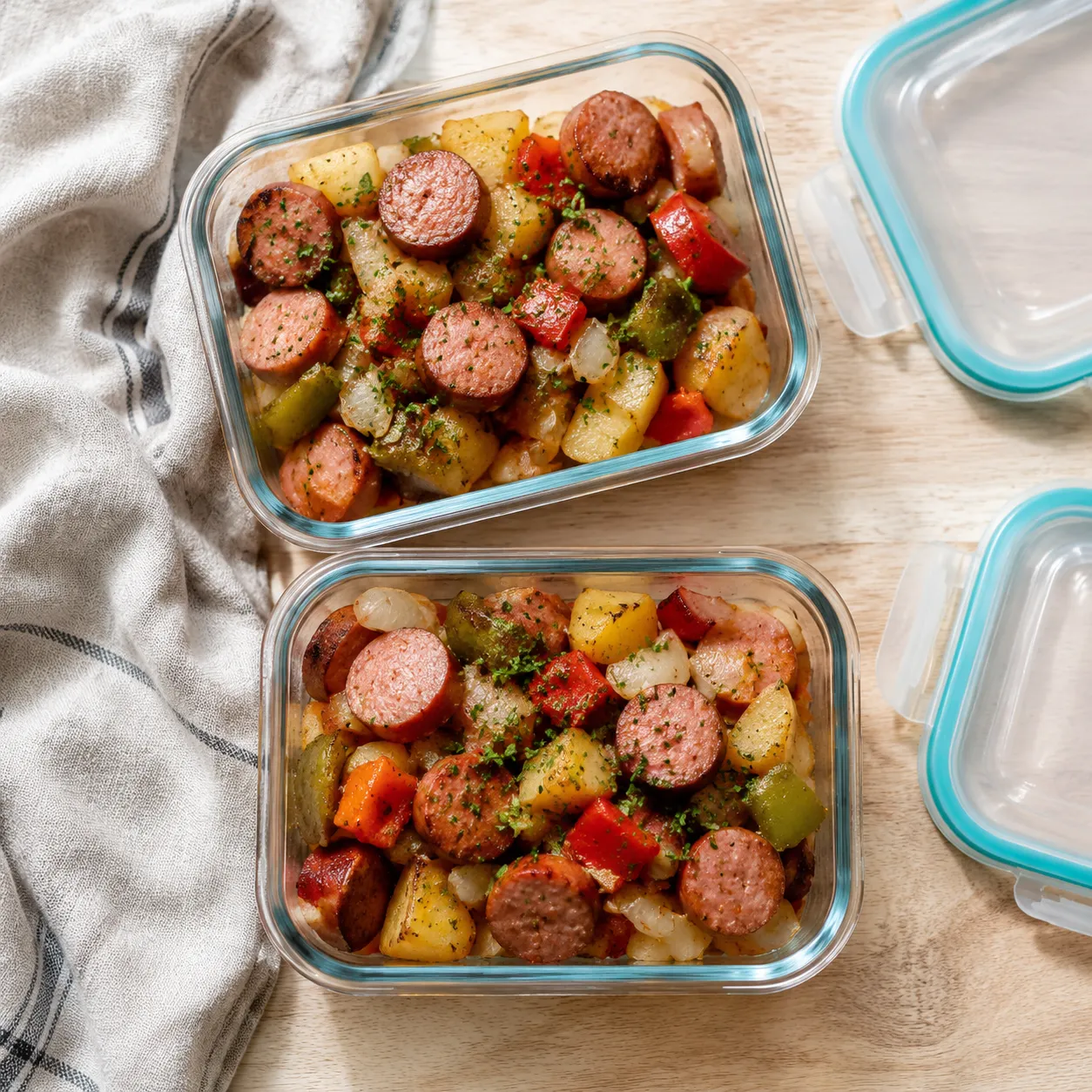 Kielbasa skillet leftovers stored in glass meal-prep containers
