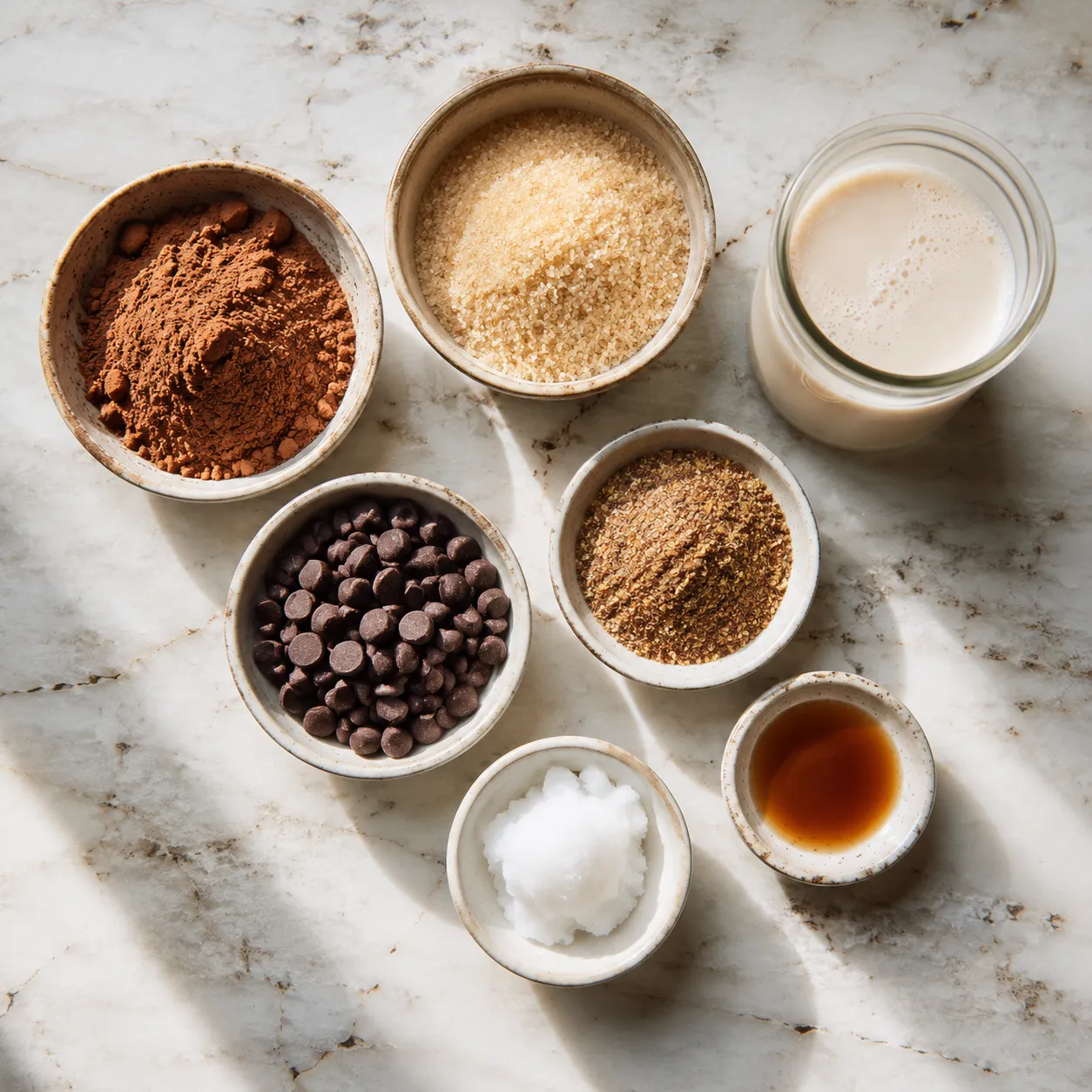 Vegan dessert recipes ingredients flatlay with cocoa, oat milk, and chocolate chips