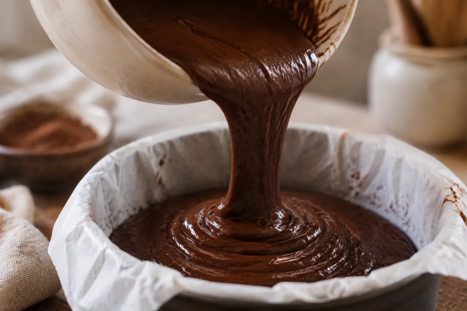 Pouring vegan chocolate cake batter into pan