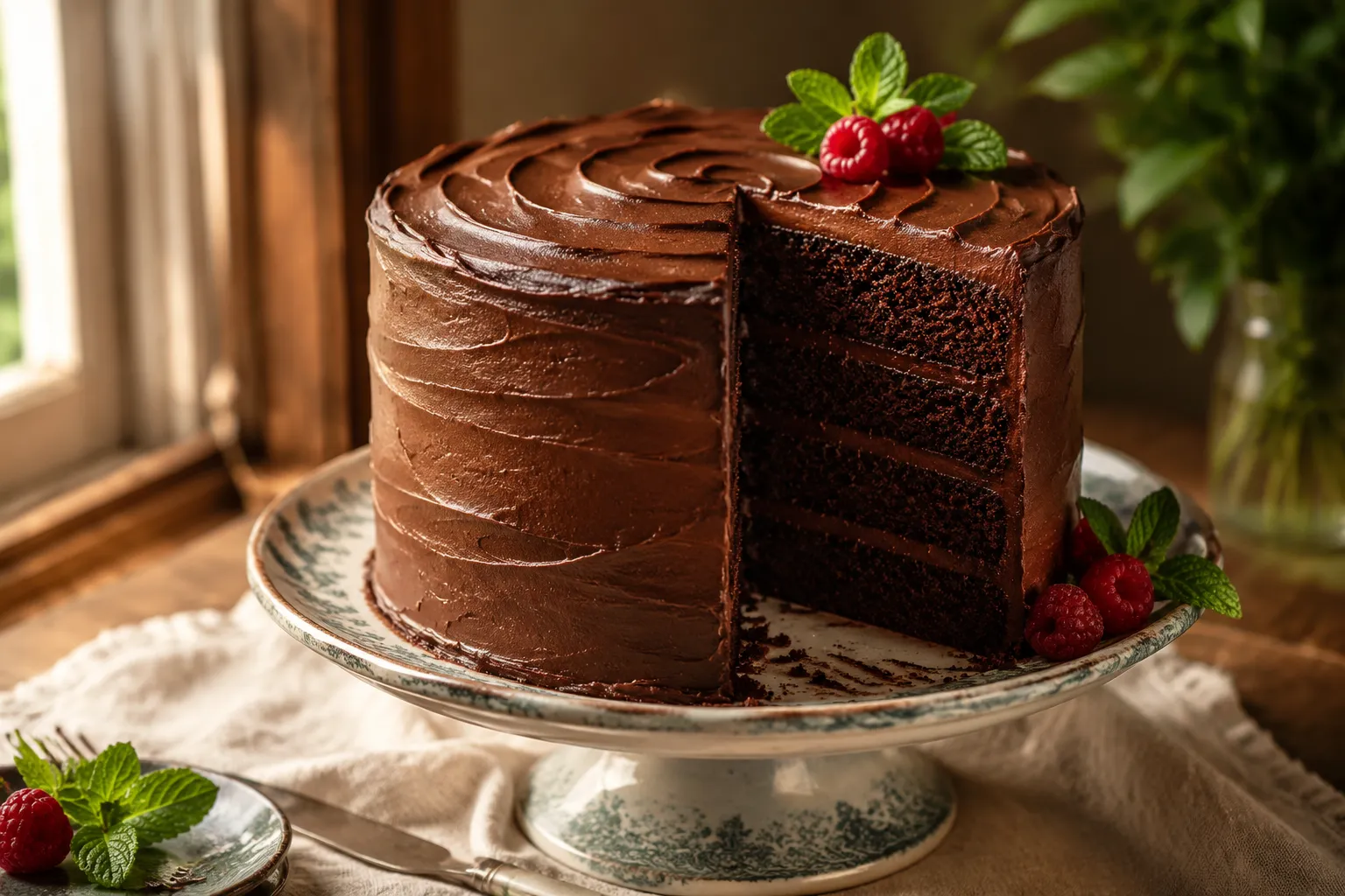 Easy vegan chocolate cake on a stand with one slice removed