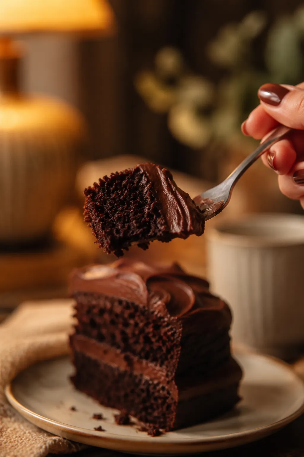 Forkful of vegan dessert chocolate cake lifted toward camera