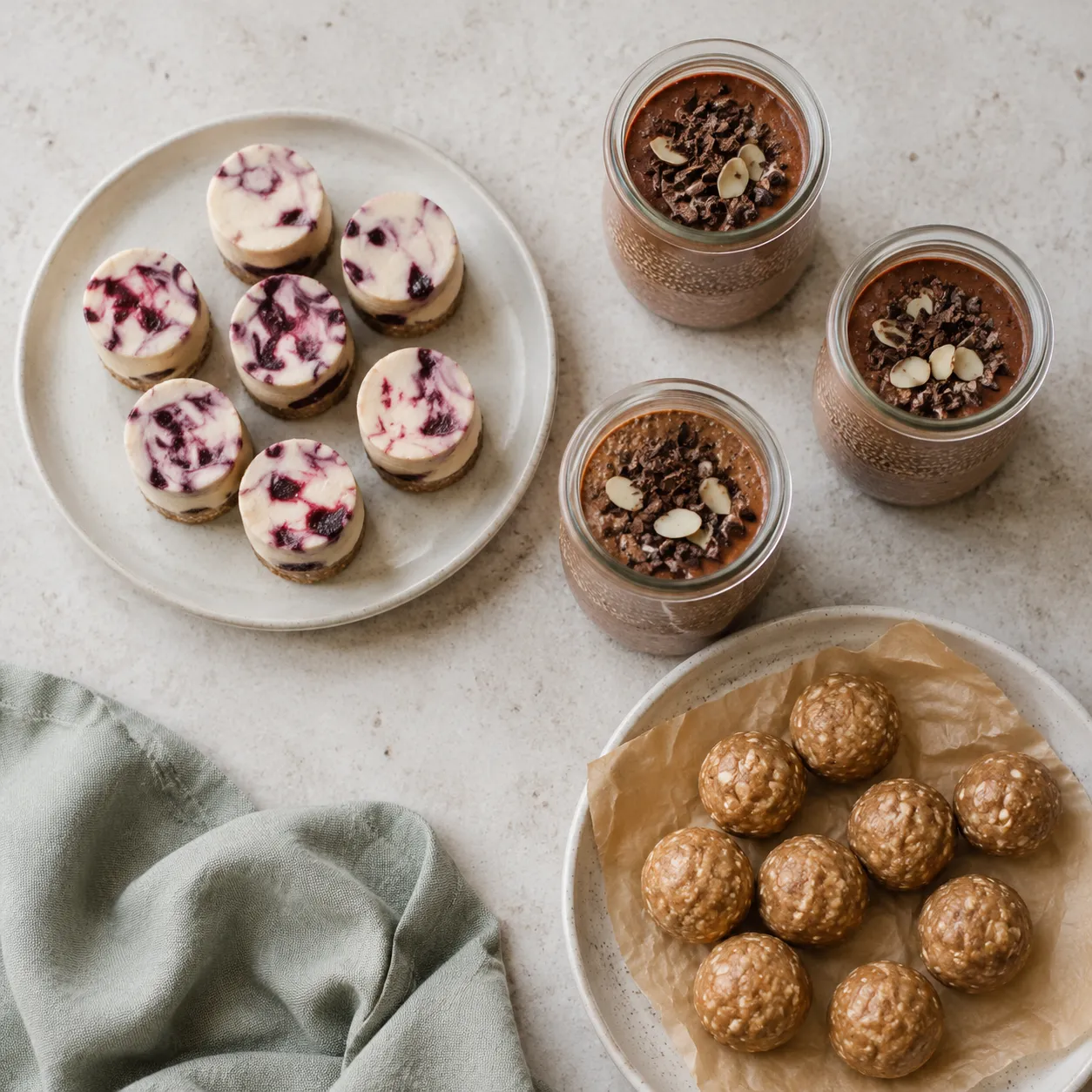 No-bake easy vegan desserts trio with cheesecake bites and chia parfaits