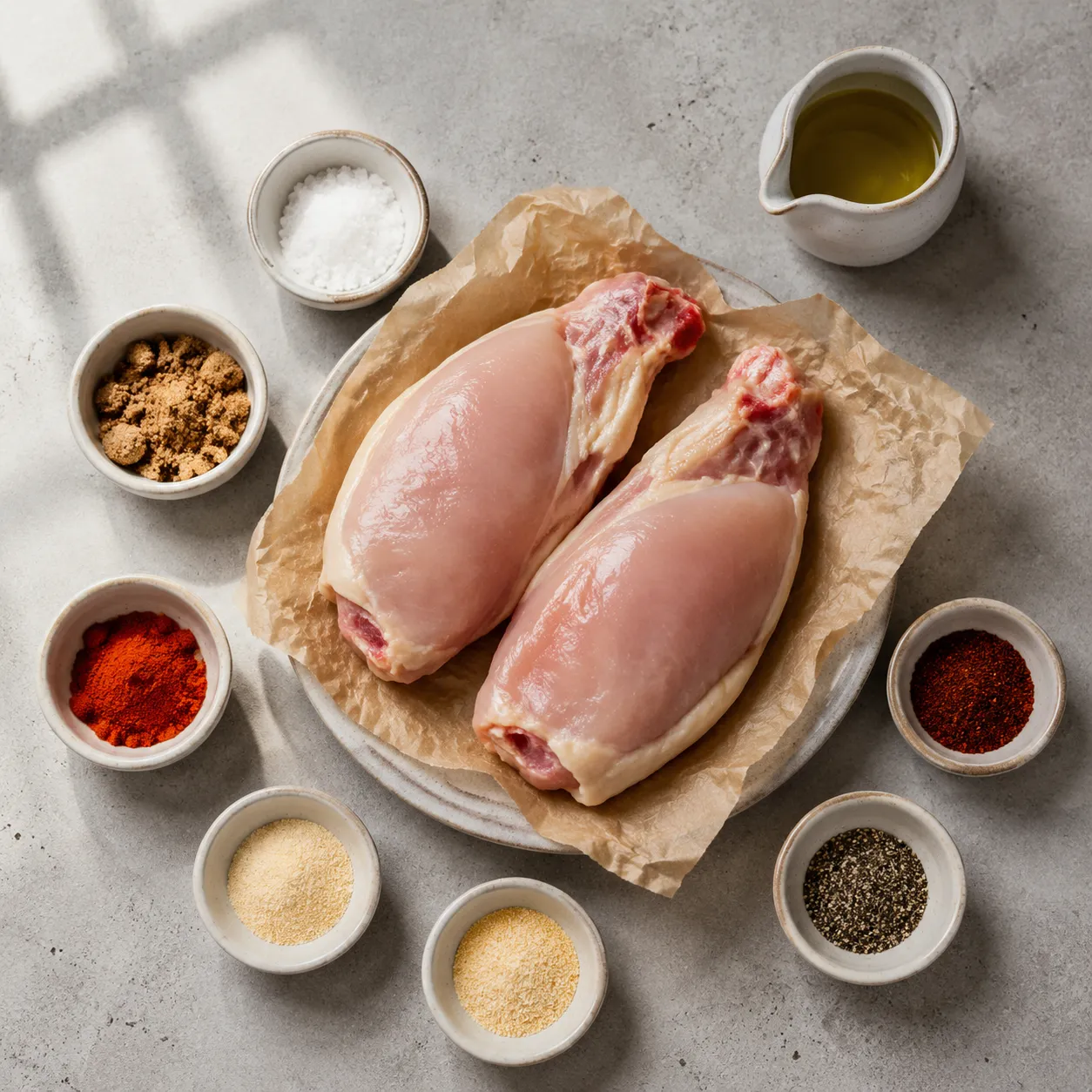 Smoked chicken breast ingredients flatlay with dry brine and BBQ rub spices