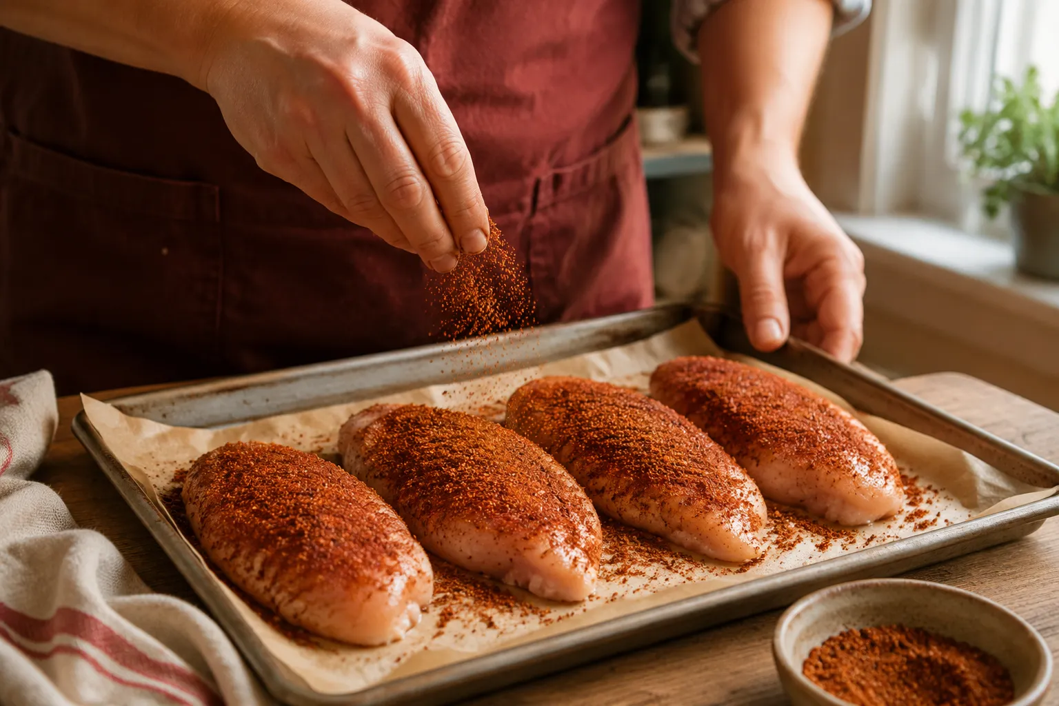 Seasoning chicken breasts with homemade BBQ rub before smoking