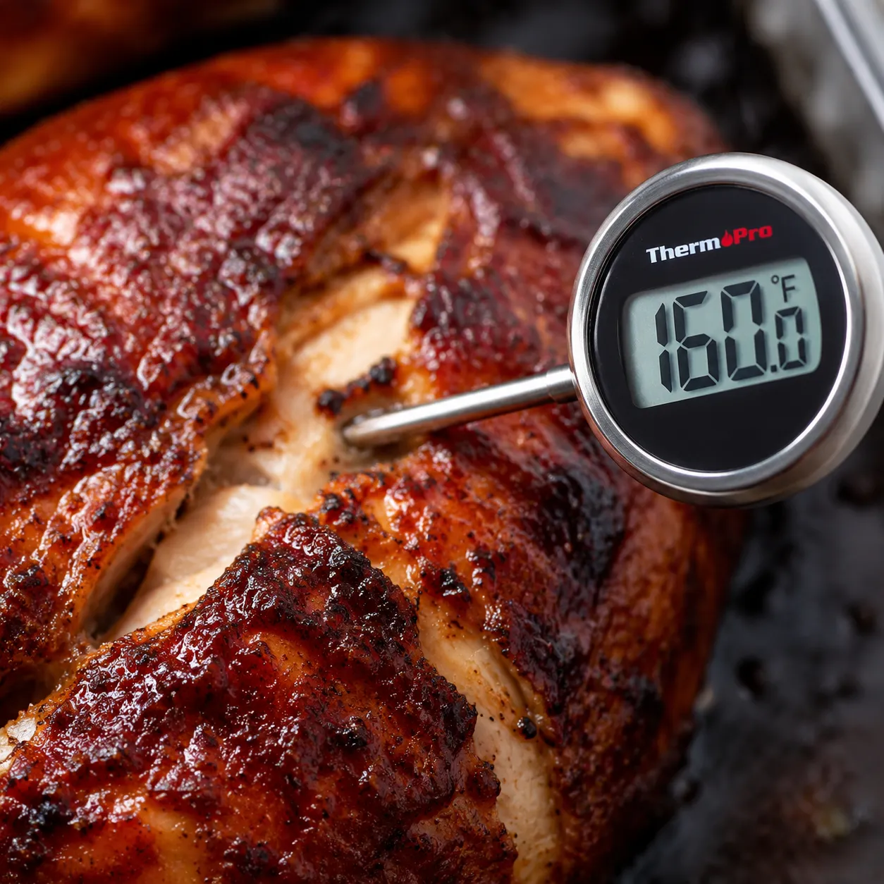 Checking internal temperature of smoked chicken breast with a meat thermometer
