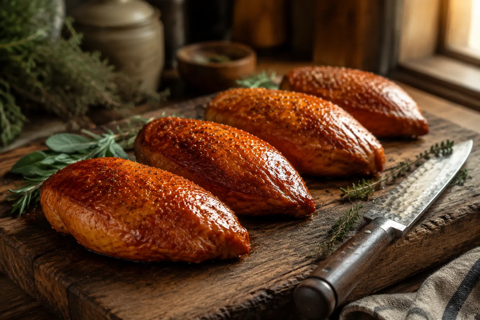 Whole smoked chicken breasts resting on a wooden board