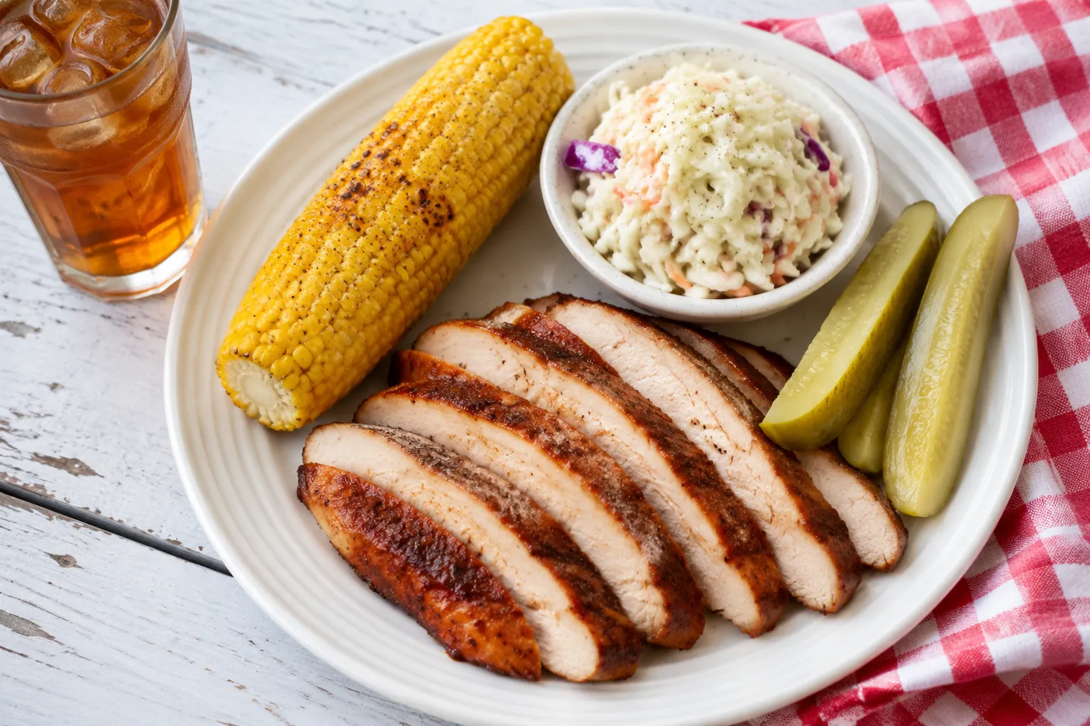 Smoked chicken breast served with corn, coleslaw, and pickles