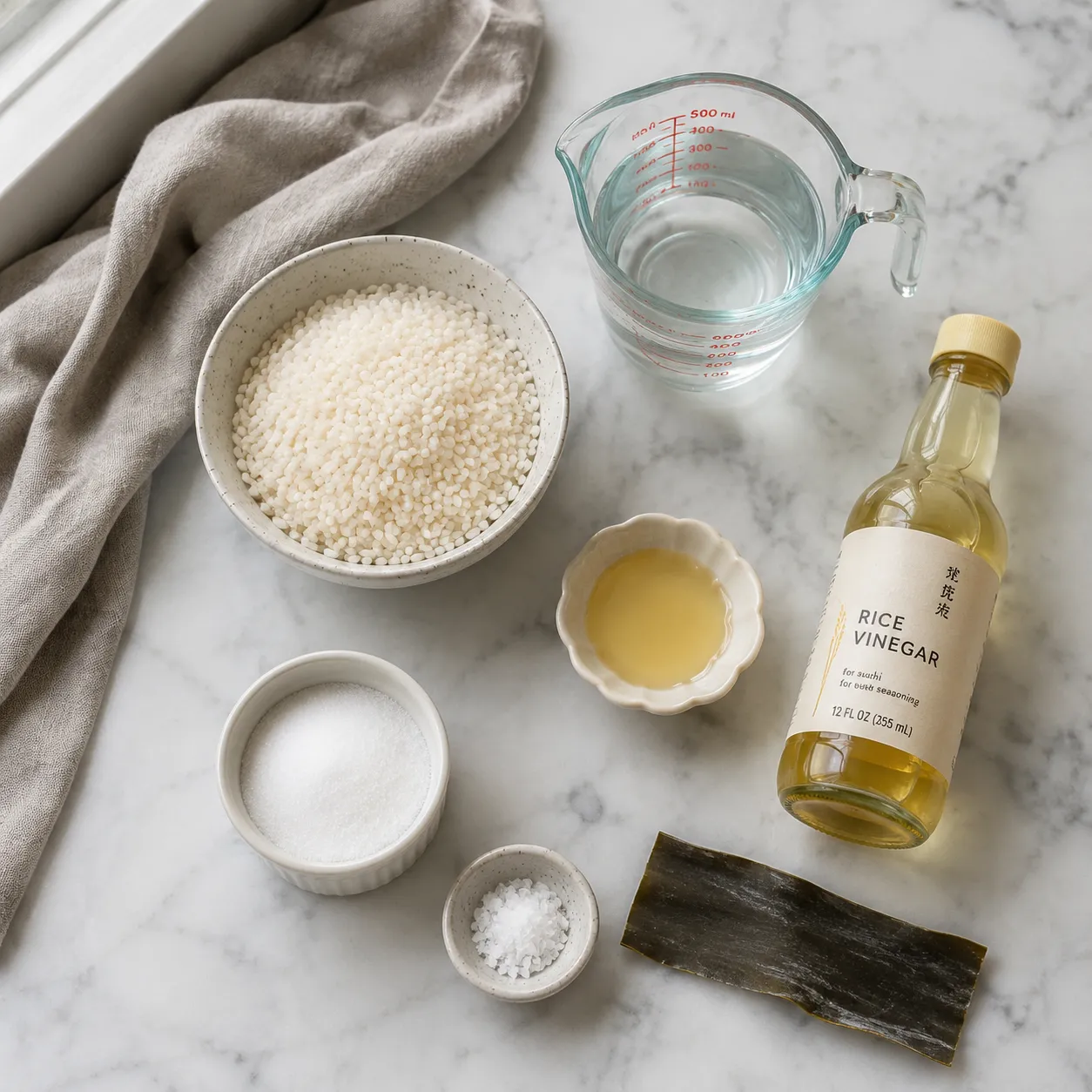 Ingredients for sushi rice recipe including short-grain rice, rice vinegar, sugar, and salt