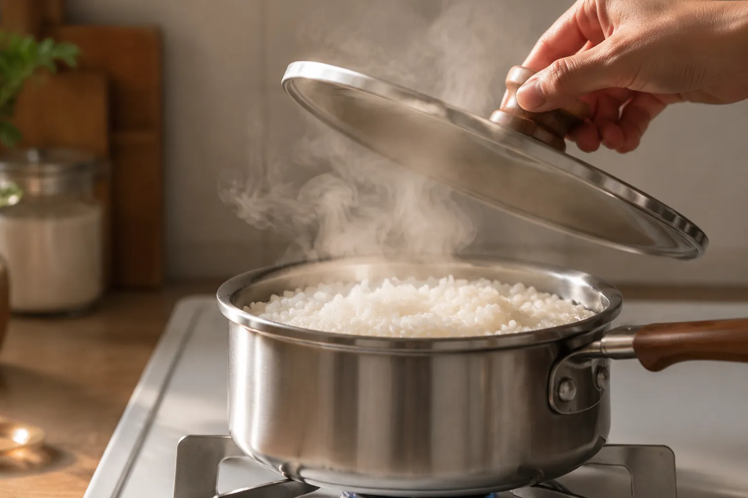 How to cook sushi rice on the stovetop with steam rising from the pot