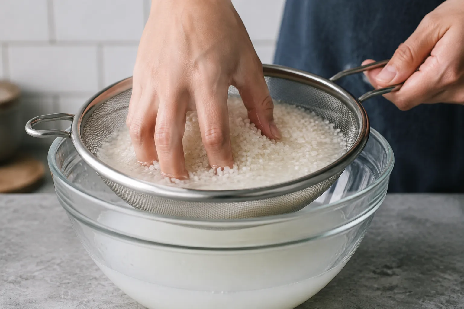 Rinsing short-grain rice for sushi rice recipe in a fine-mesh strainer