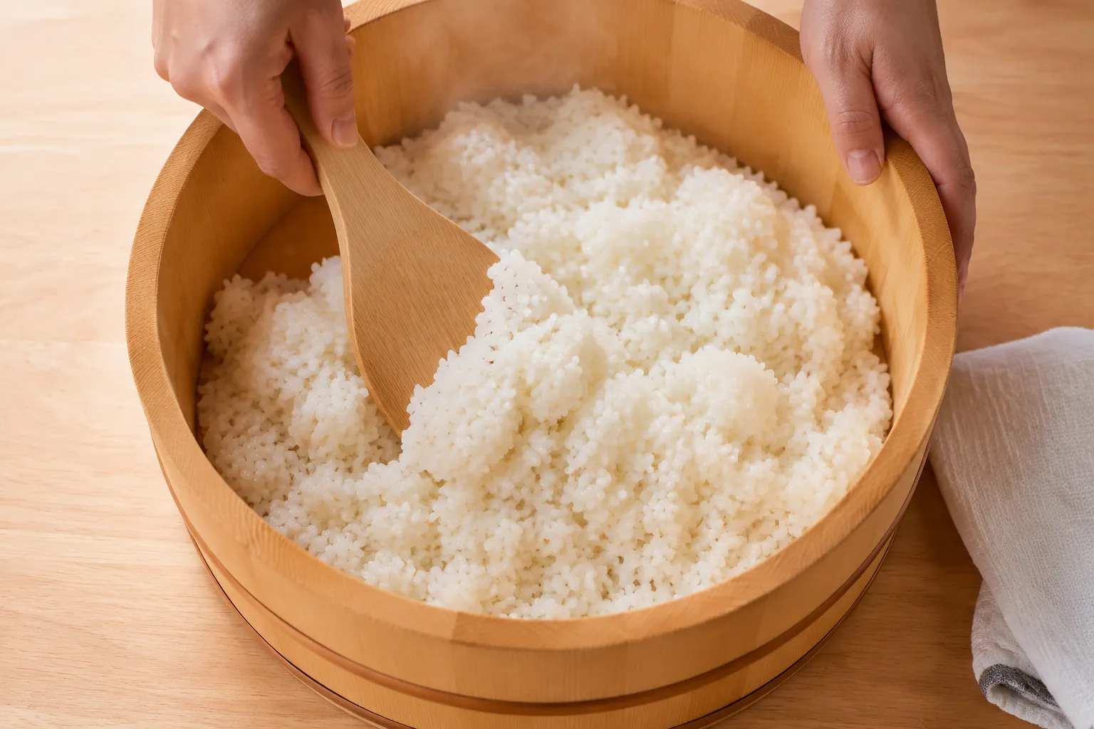 Folding seasoning into rice while making sushi rice