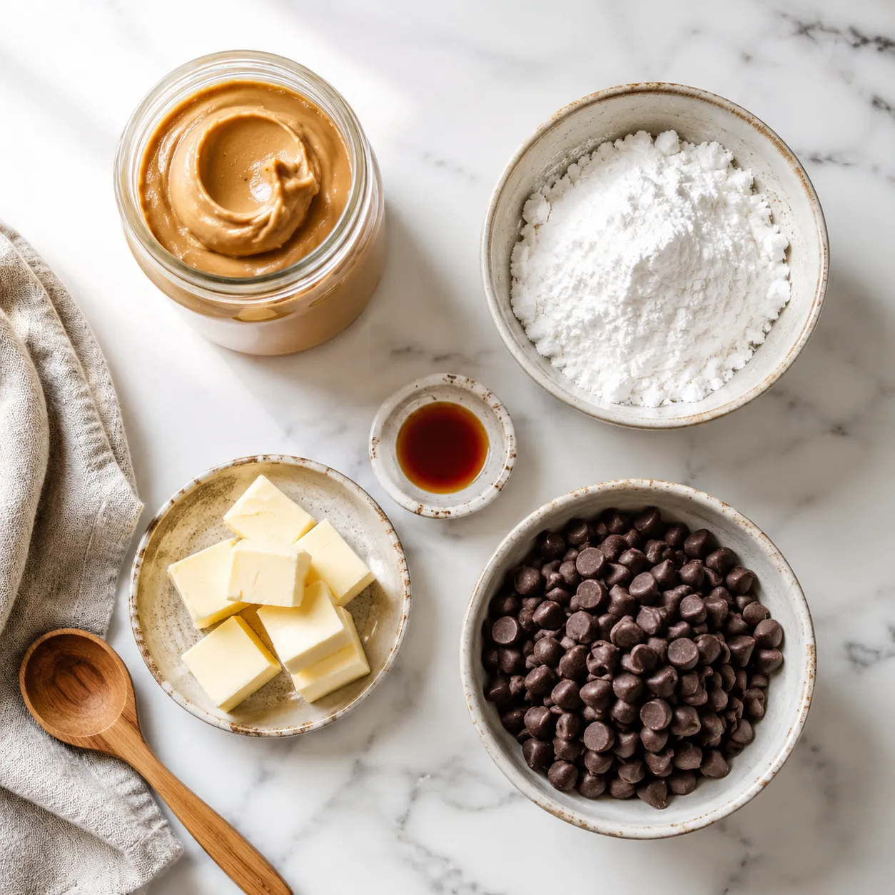Ingredients for peanut butter balls measured in bowls overhead flatlay