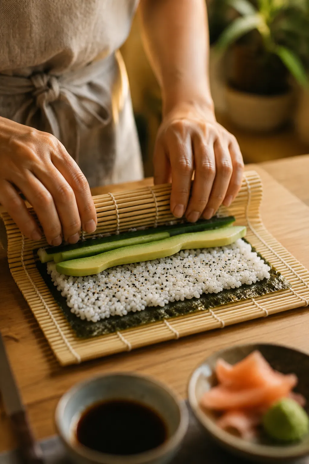Using homemade sushi rice to make sushi rolls on a bamboo mat