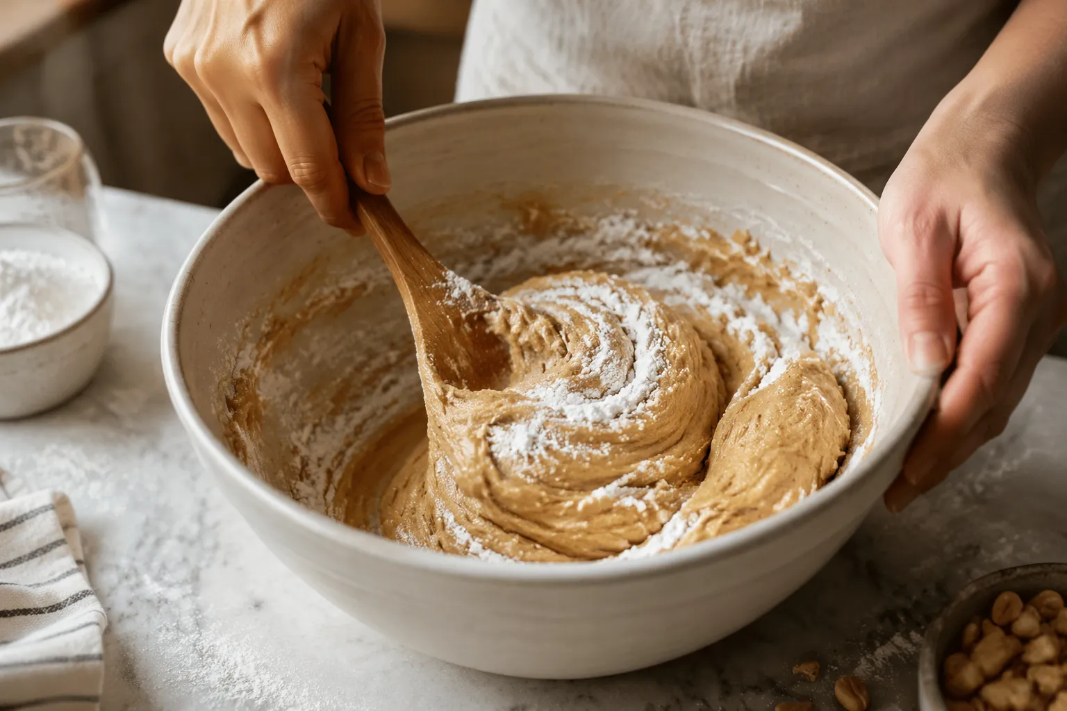 Mixing peanut butter ball dough with a wooden spoon