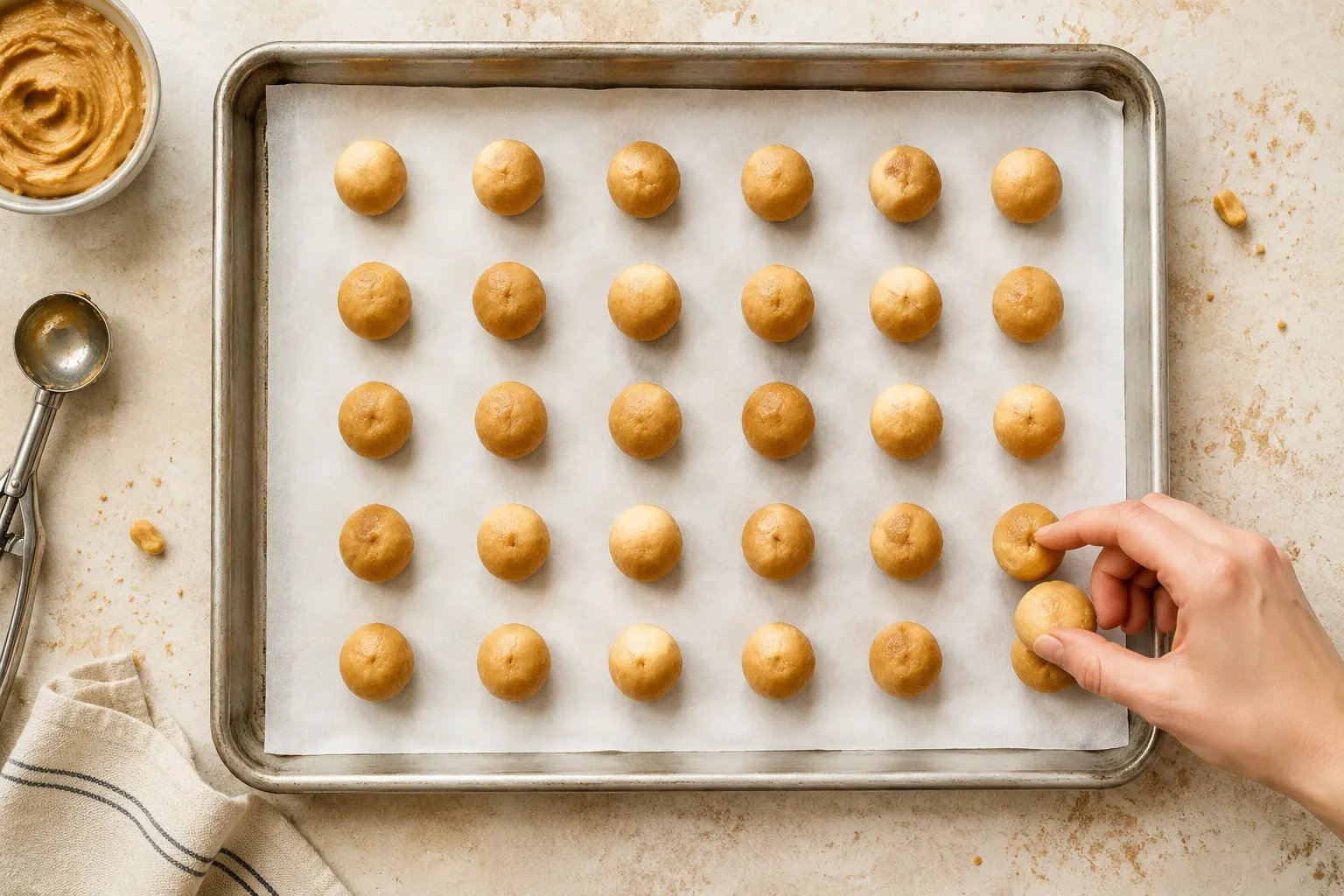 Rolled peanut butter balls on a parchment-lined baking sheet before dipping