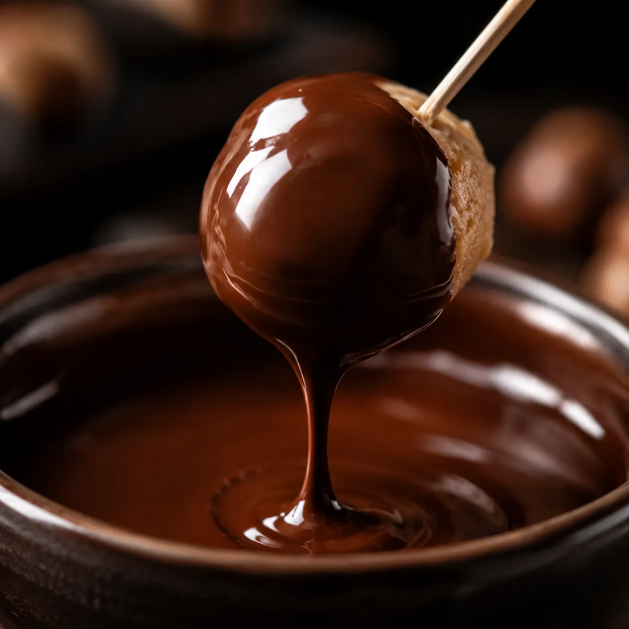 Dipping a peanut butter ball into melted chocolate close-up
