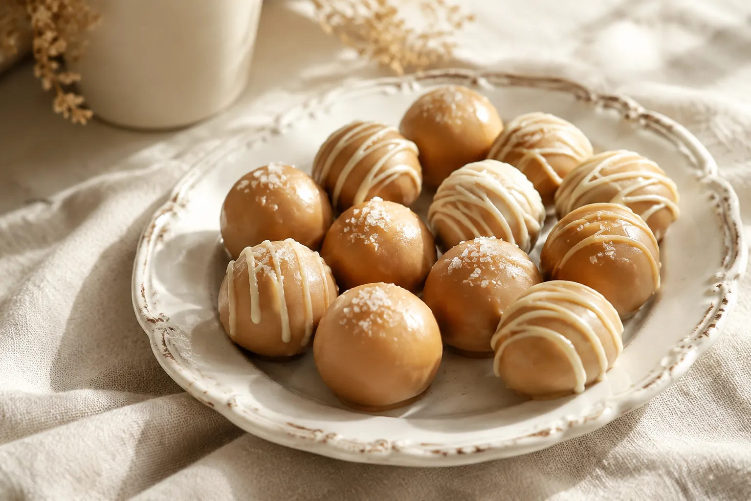 Finished peanut butter balls on a plate with sea salt and chocolate drizzle