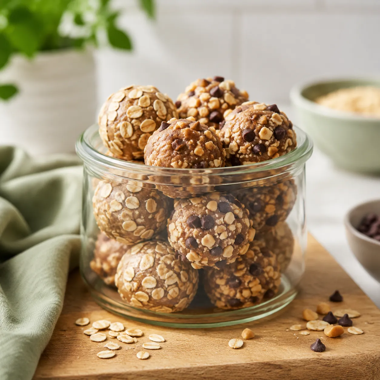 Peanut butter protein balls in a glass jar with oats and crushed peanuts