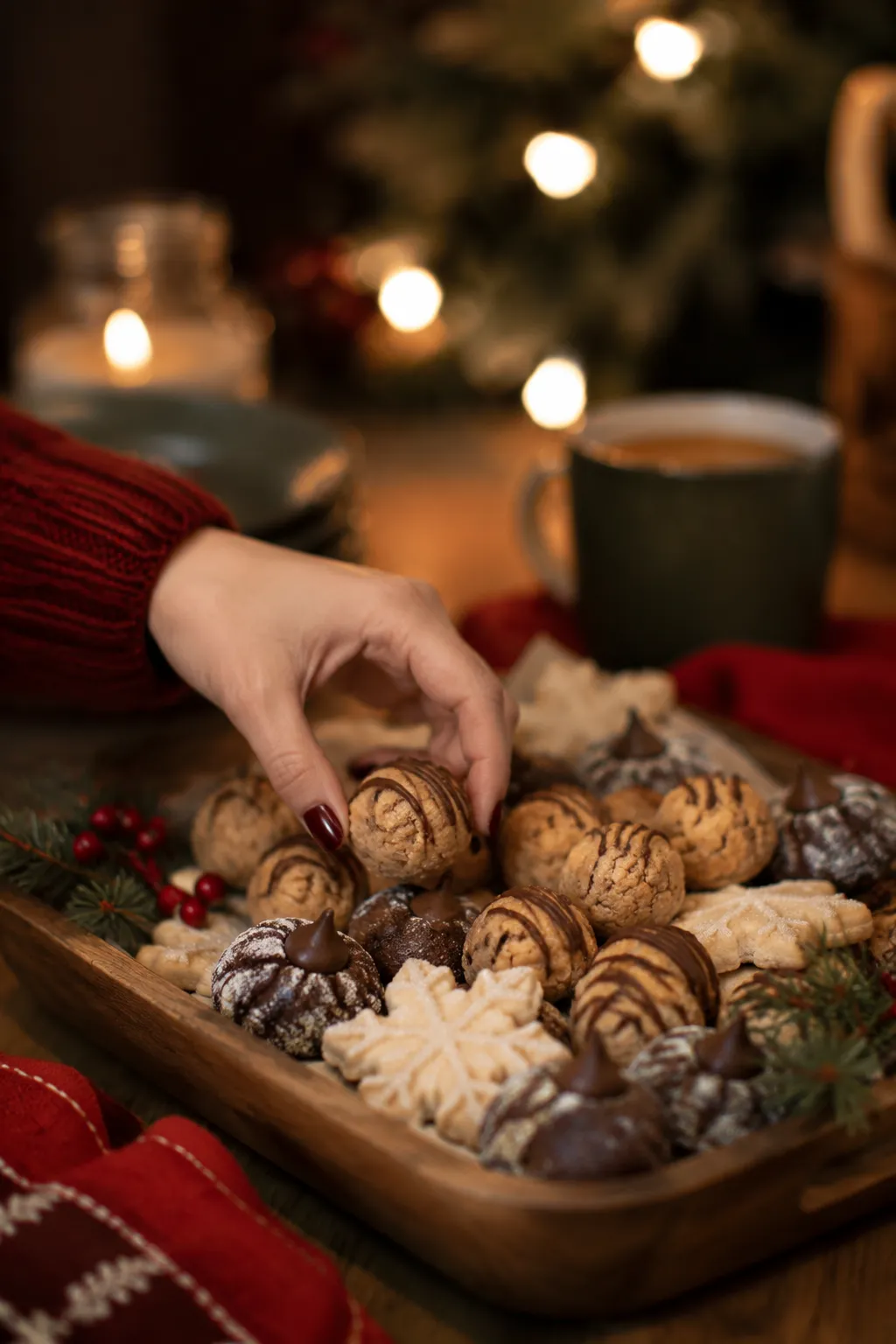 Hand grabbing a peanut butter ball from a holiday cookie tray