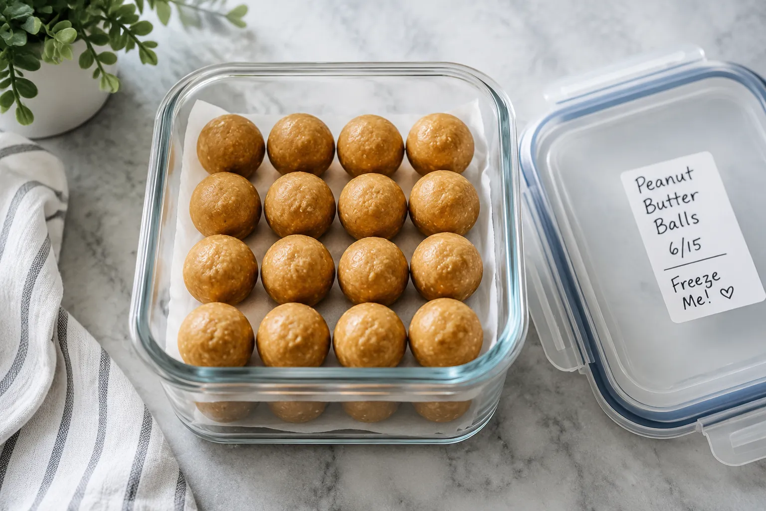 Peanut butter balls stored in a glass container with parchment for freezing