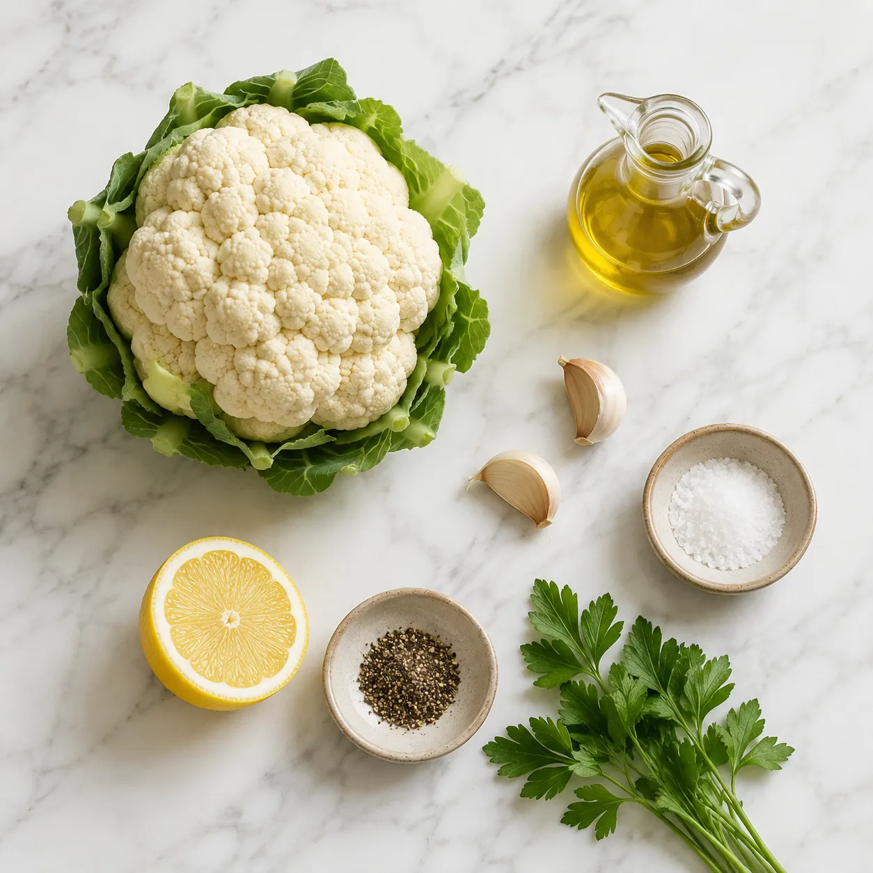 Ingredients for cauliflower rice including fresh cauliflower, garlic, and olive oil