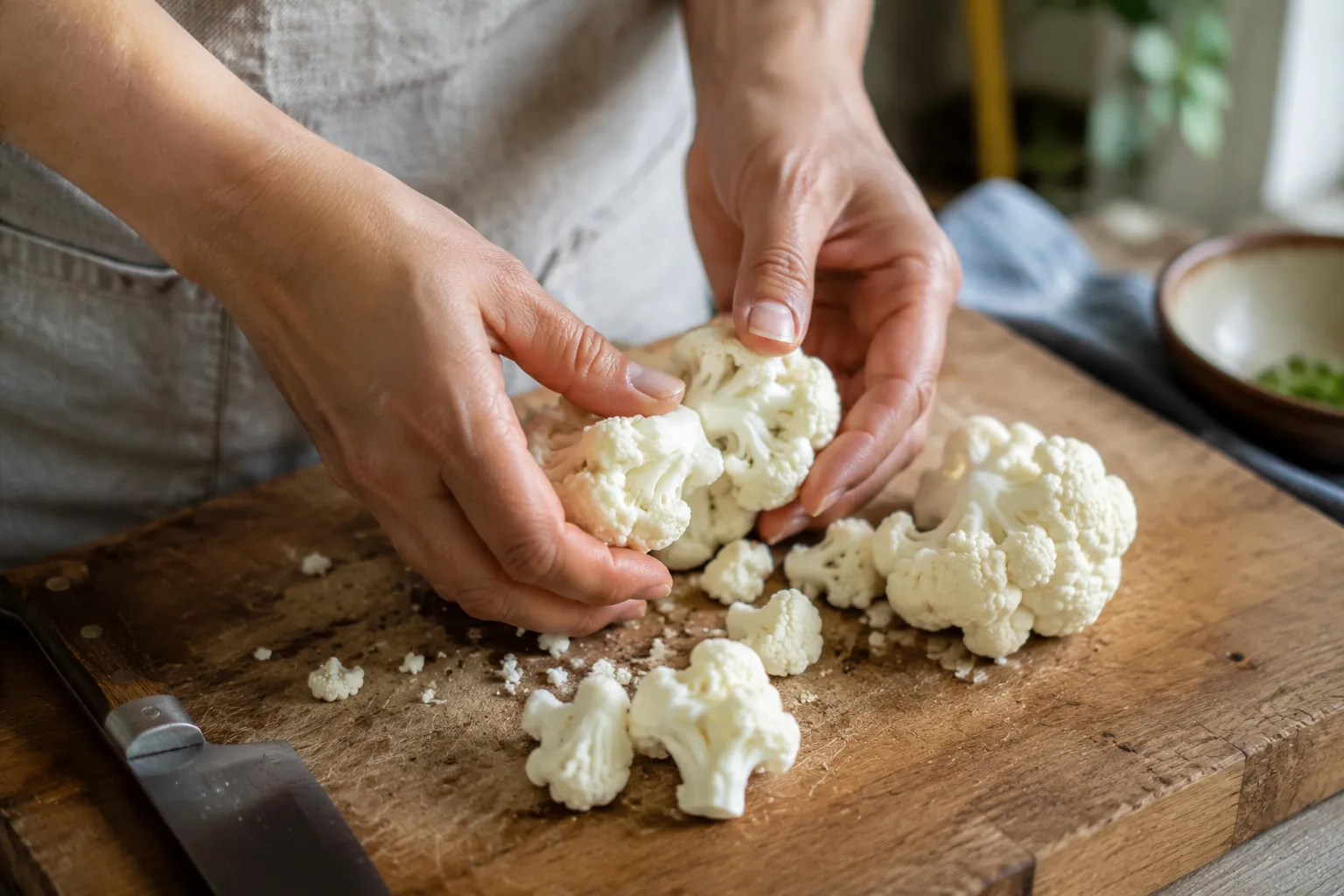 Hands chopping cauliflower into florets to make cauliflower rice
