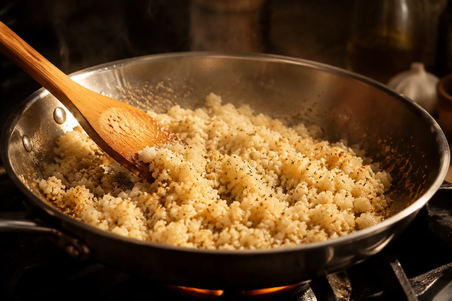 Cauliflower rice cooking in a skillet with garlic and olive oil