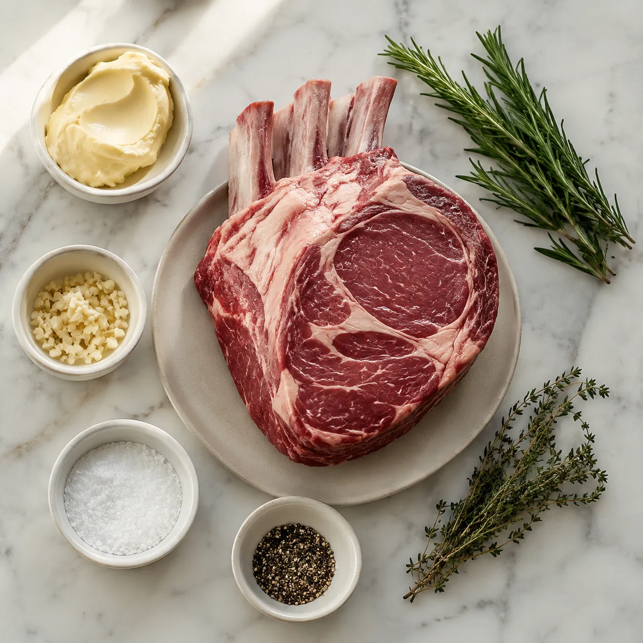 Prime rib recipe ingredients flatlay with herbs, garlic, butter, and rib roast