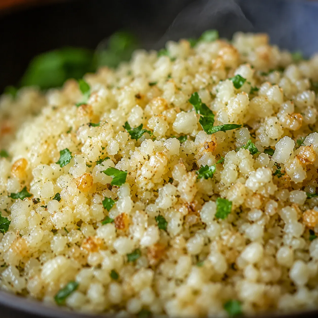 Close-up macro shot of fluffy cooked cauliflower rice texture