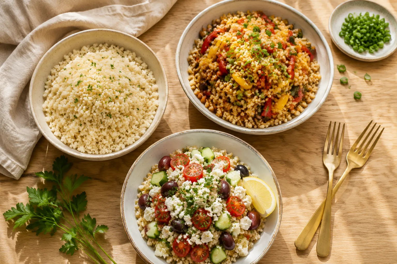 Cauliflower rice recipes including stir fry and Mediterranean bowl